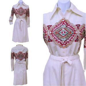 Vintage 70s 3-pc Set Schrader Blouse Wrap-Skirt (6) Scarf Pocket Dagger Collar